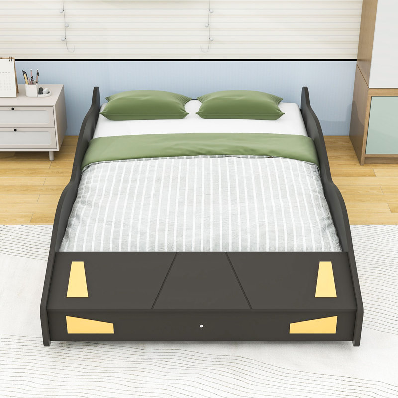 Full Size Race Car Platform Bed With Storage And Wheels, Black/Yellow