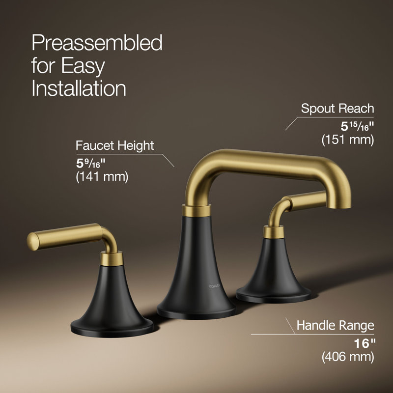 Tone Widespread Bathroom Sink Faucet, Three-Hole Bathroom Faucet with Clicker Drain, 1.2 GPM, Gold/Black