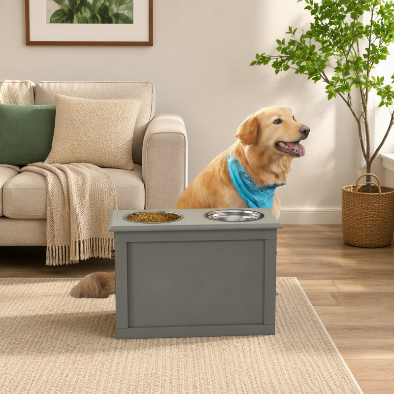 Station de rangement pour aliments pour animaux avec 2 bols