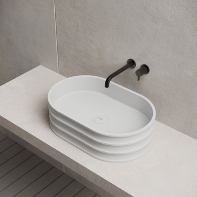 MonBlari 22" X 14" Oval Solid Surface Matte White Fluted Vessel Sink