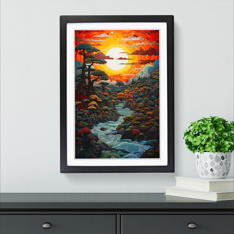 Japanese Sunset Expressionism No.2 - Single Picture Frame Print on Wood, Black, 64cm H x 46cm W x 2cm D