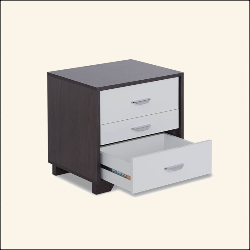 Table de chevet à finition bicolore avec 3 tiroirs, Noir / blanc