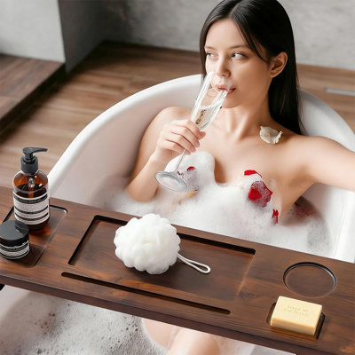 Luxury Brown Teak Bathtub Tray & Spa Caddy – 35" Adjustable Fit For Freestanding Tubs | Solid 100% Teak Wood | Stable Support For Tablets, Wine & Candles