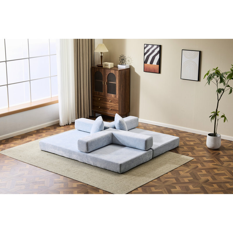 Blue 3 - Seat Convertible Compression Bed, Futon Couch With Pillow Back Support, Armrest, And Chenille Fabric For Office Chill Comfy Tv Time