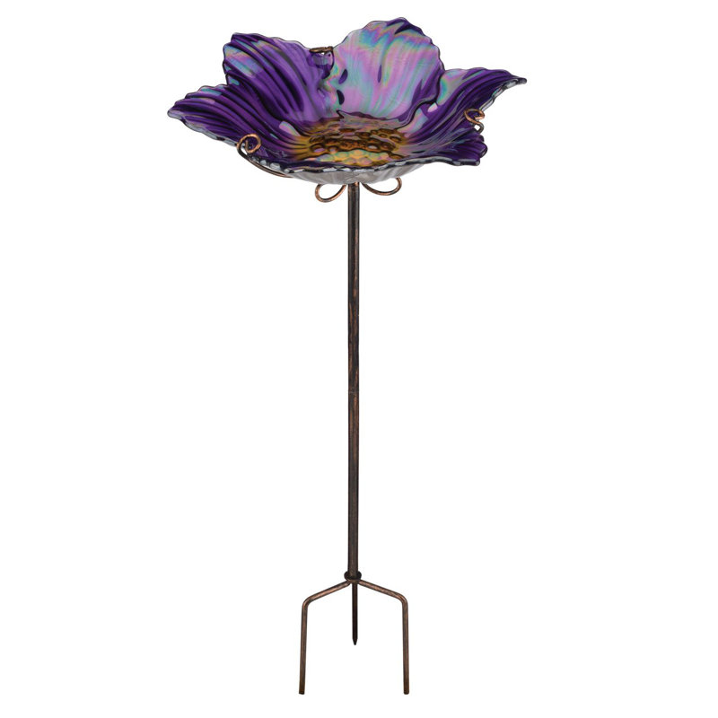 Purple Glass Flower Birdbath Feeder with Metal Stake