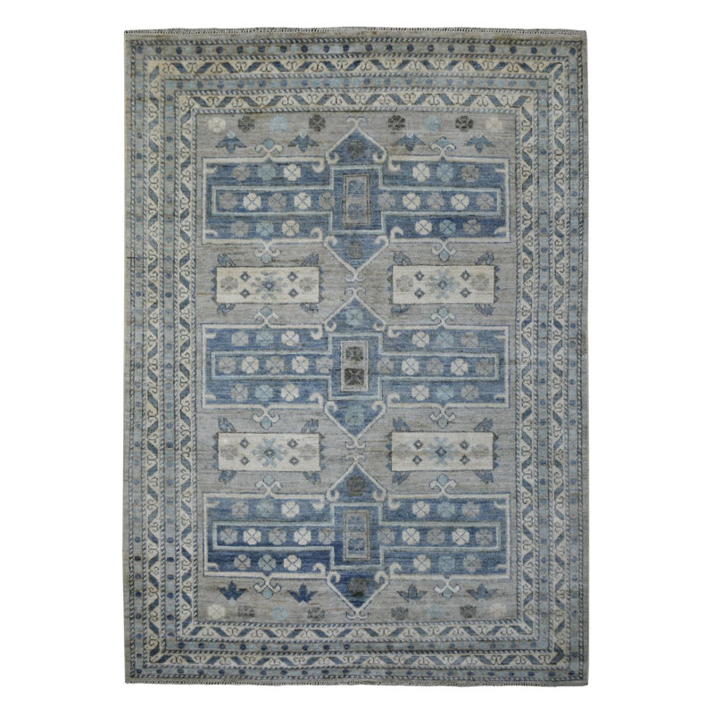 Tapis oriental gris 6 pi 2 po x 8 pi 7 po avec médaillons géométriques et motif oriental en laine souple noué à la main