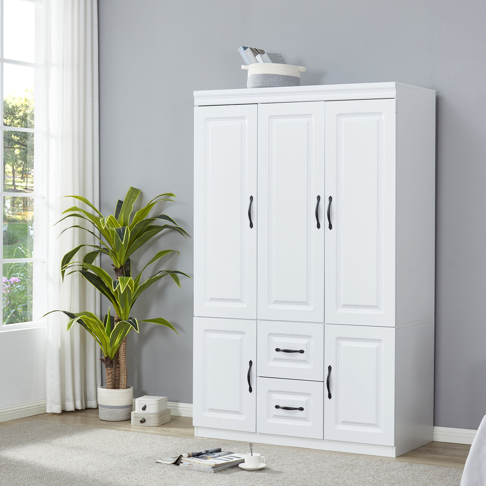 Latitude Run® Abderdeen Solid Wood Armoire with Shelves,2 Drawers,White ...