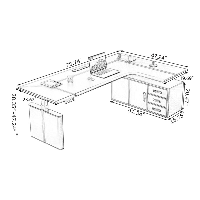 Bureau 3 tiroirs en bois manufacturé et en acier au carbone léger, 47.24" H x 78.74" W x 47.24" D, Café clair