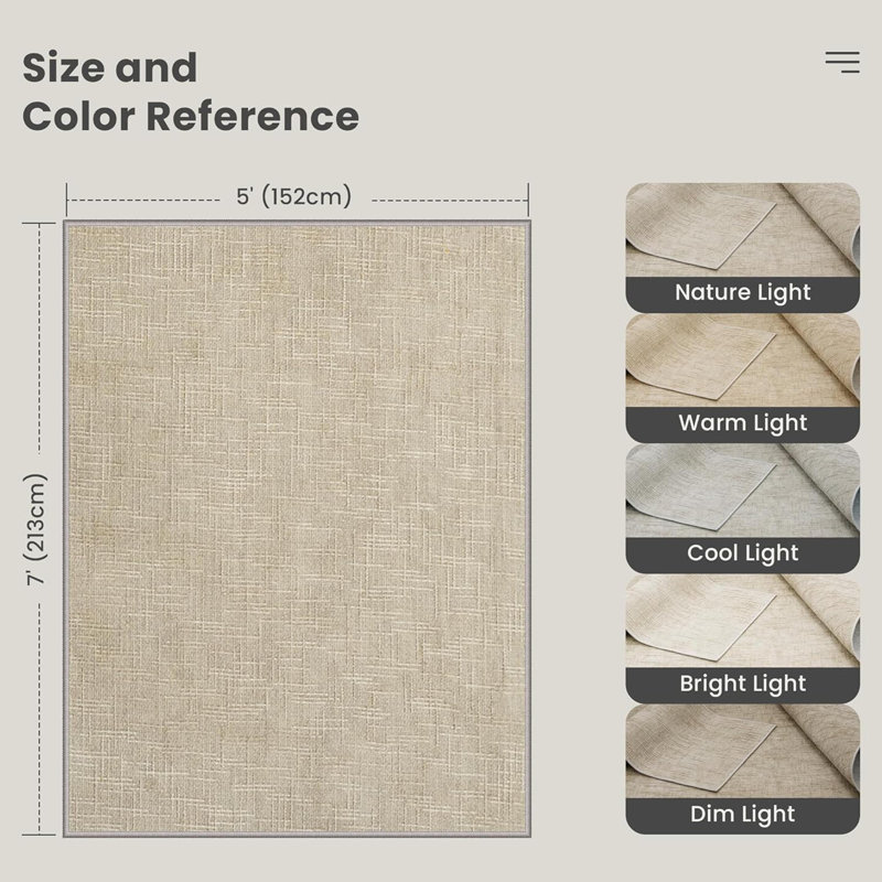 Washable 5X7 Beige Area Rug - Stain Resistant Non-Slip High-Low Pile Textured Rug For Living Room Bedroom, Foldable Machine Washable Rug