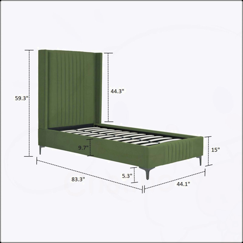 Lit simple en velours rembourré Promenade avec mousse haute densité et design moderne Mid-Century, aucun sommier tapissier requis