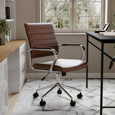 Martha Stewart Piper Upholstered Ribbed Faux Leather Swivel Home Office Chair with Armrests