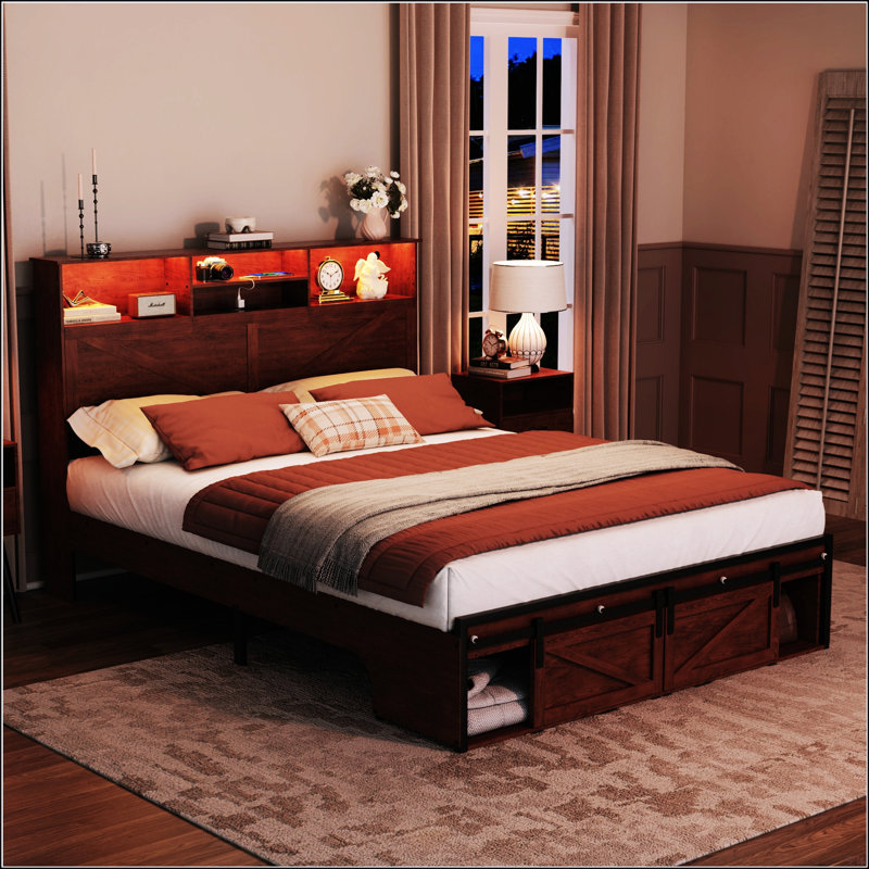 Structure de lit double avec tête de lit Farmhouse, Double, Brun