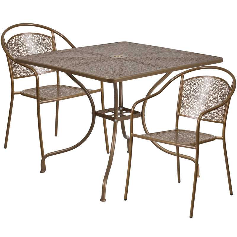Ledoux 35.5'' Square Indoor-Outdoor Steel Patio Table Set with 2 Round Back Chairs, Gold