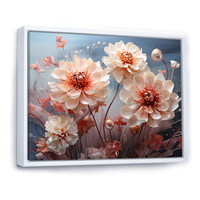 Fleurs délicates sur fond de fleurs - impressions sur toile de fleurs, Cadre flottant blanc, H 30 po x l 40 po x P 1,5 po