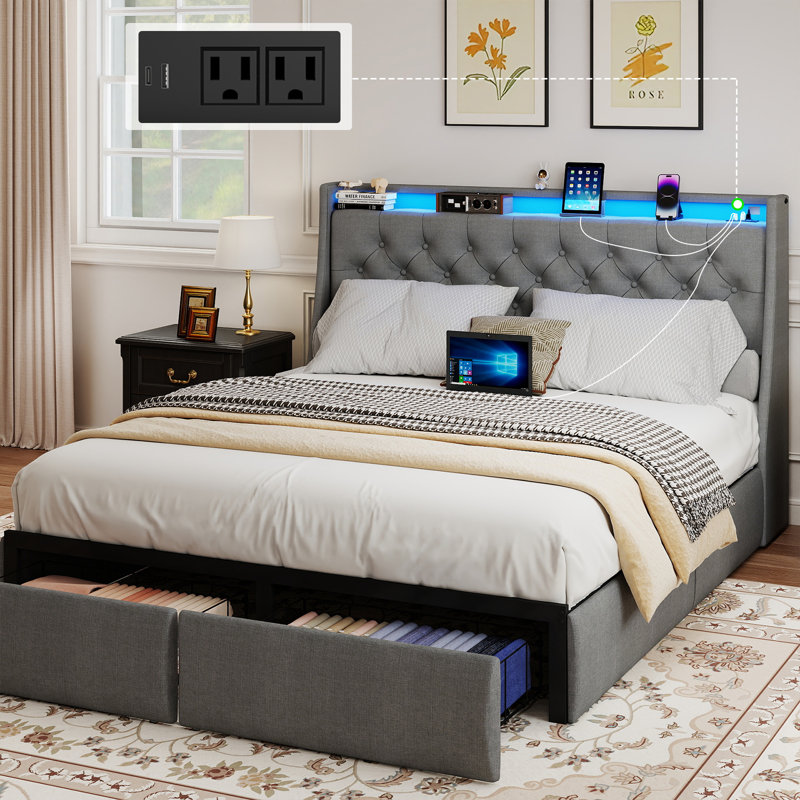 Queen Size Upholstered Bed Frame with LED Lights,Platform Bed Frame with 2 Sliding Drawers and Storage Headboard,Built-in Charging Station