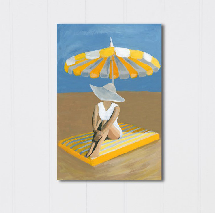 Fashion and Glam Yellow Umbrella Swimsuit - Reproduction d'art graphique sur toile tendue, H 24 po x l 16 po, Toile tendue