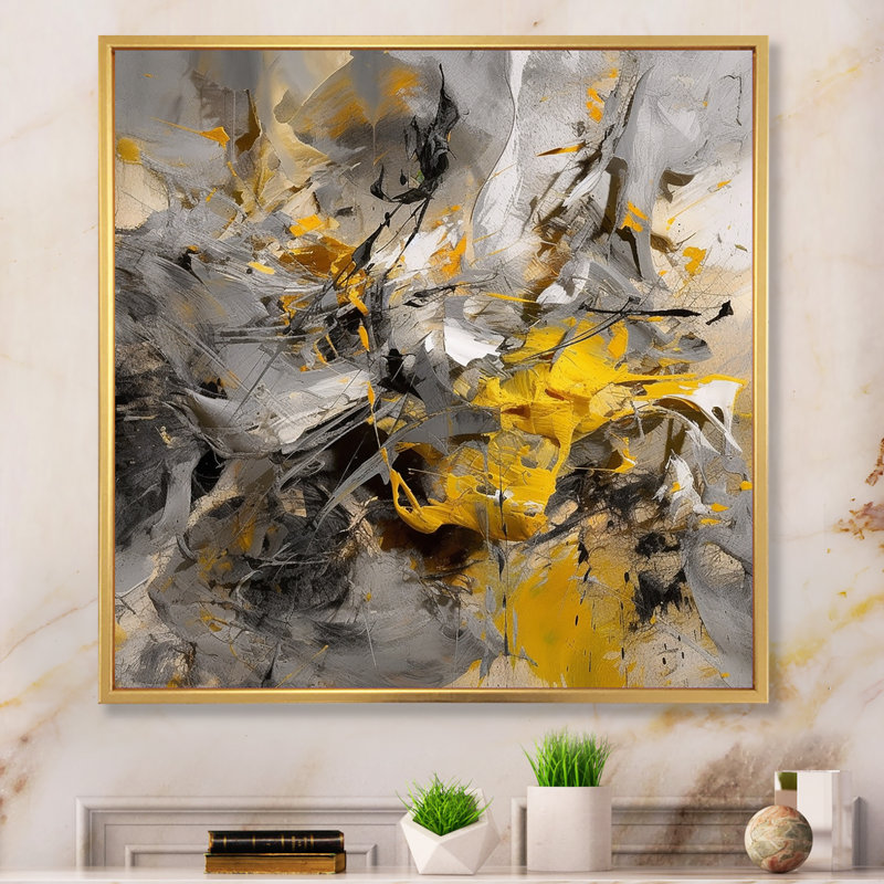 «Bliss Of Happiness» en gris et jaune I - art mural abstrait à grand collage, Cadre flottant doré