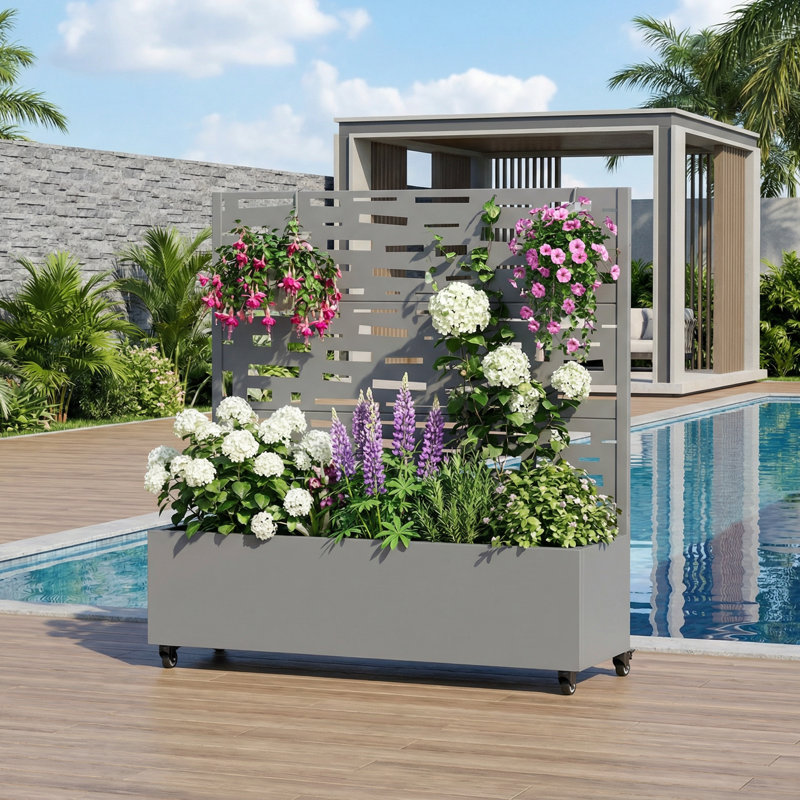 Boîte à fleurs en métal avec treillis et roues, H 47 po x l 47 po x P 16 po, Grey