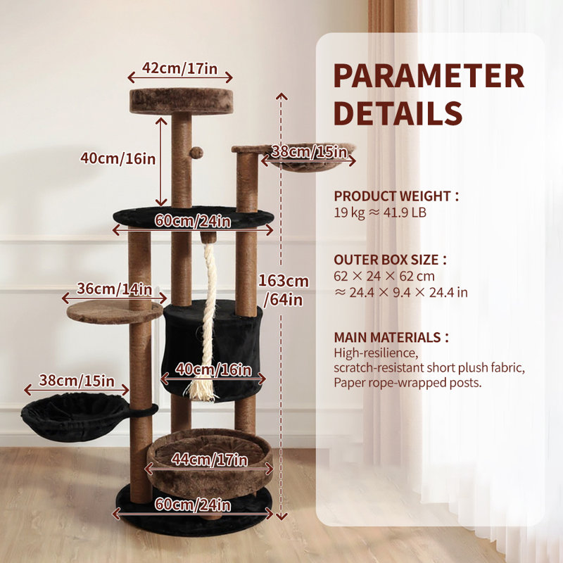 64 in Heavy Duty Cat Tree, Brown Cat Tower for Indoor Large Cats, Multi-Level Cat Furniture with Sisal Scratching Post, Hammock Extra-Large Platform & Condo