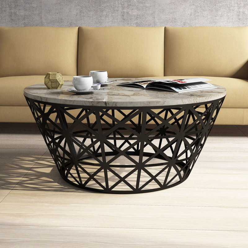 Table basse moderne, conception géométrique, 35,4 x 15,0 x 35,4 pouces | 100% panneau de particules enduit de mélamine et cadre 100% métal | Finition blanche, durable et élégante pour les espaces de salon et de détente, assemblage facile