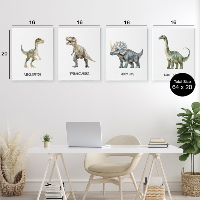 «Meet The Dinosaurs», ensemble de 4 pièces sur toile, design par Christine Simpson Art, H 20 po x l 64 po