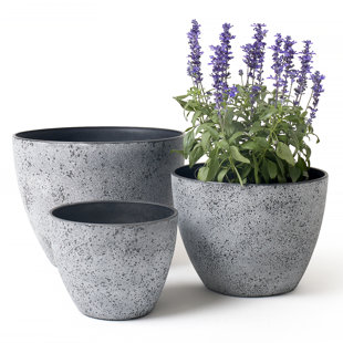 Fiber Clay Planters - 3-Piece Varying Height Textured Pot Set - Rounded  Bottom and Drainage Holes for Herbs, Plants, or Flowers by Pure Garden  (Gray)