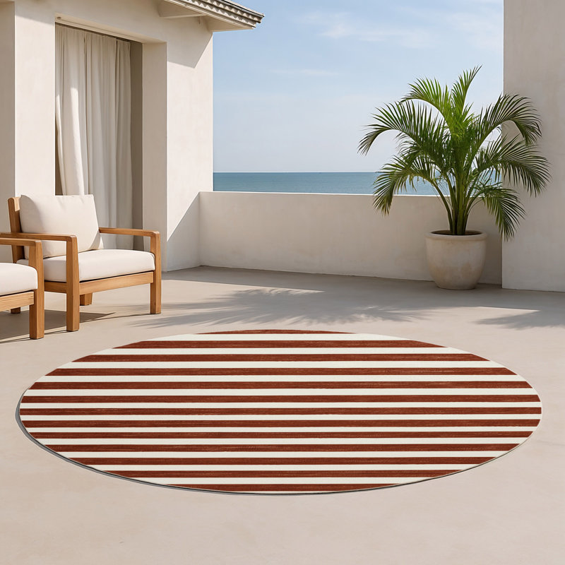 Tapis intérieur / extérieur brun HorizontalStripes, Rond 5 pi