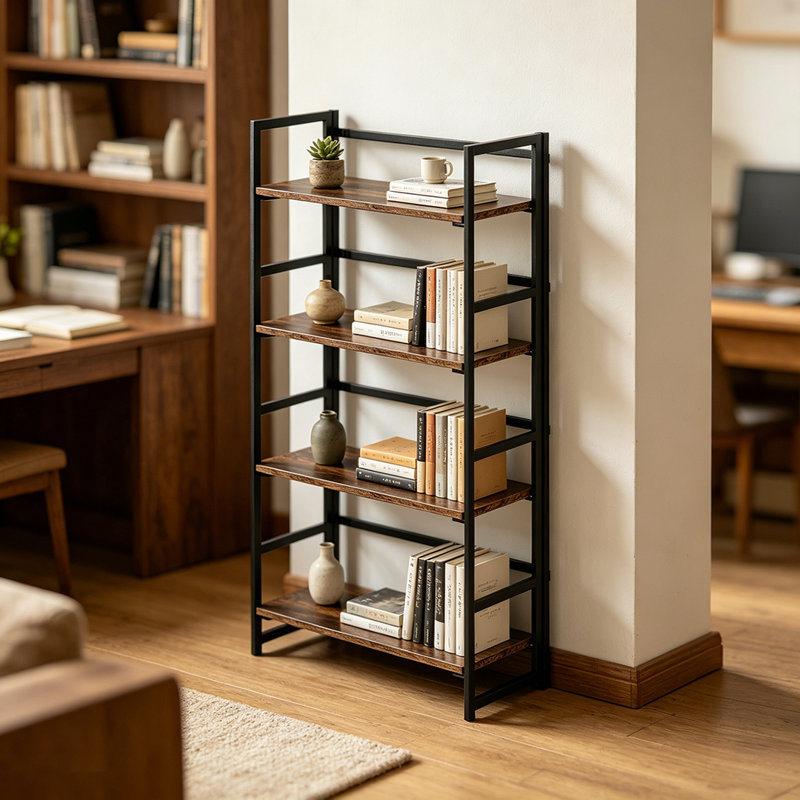 Bibliothèque multifonctionnelle à 4 niveaux, bibliothèque pliante rétro, tablettes de rangement sans assemblage pour le bureau personnel