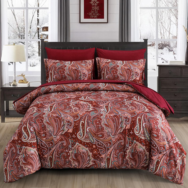 Ensemble de literie 7 pièces Boho Paisley, Grand édredon et 6 pièces supplémentaires, Cachemire rouge