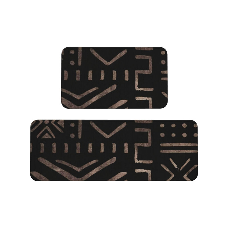 Tapis de cuisine noir à imprimé géométrique tribal pour cuisine et décor bohémien, 2 pièces de décoration brun noir