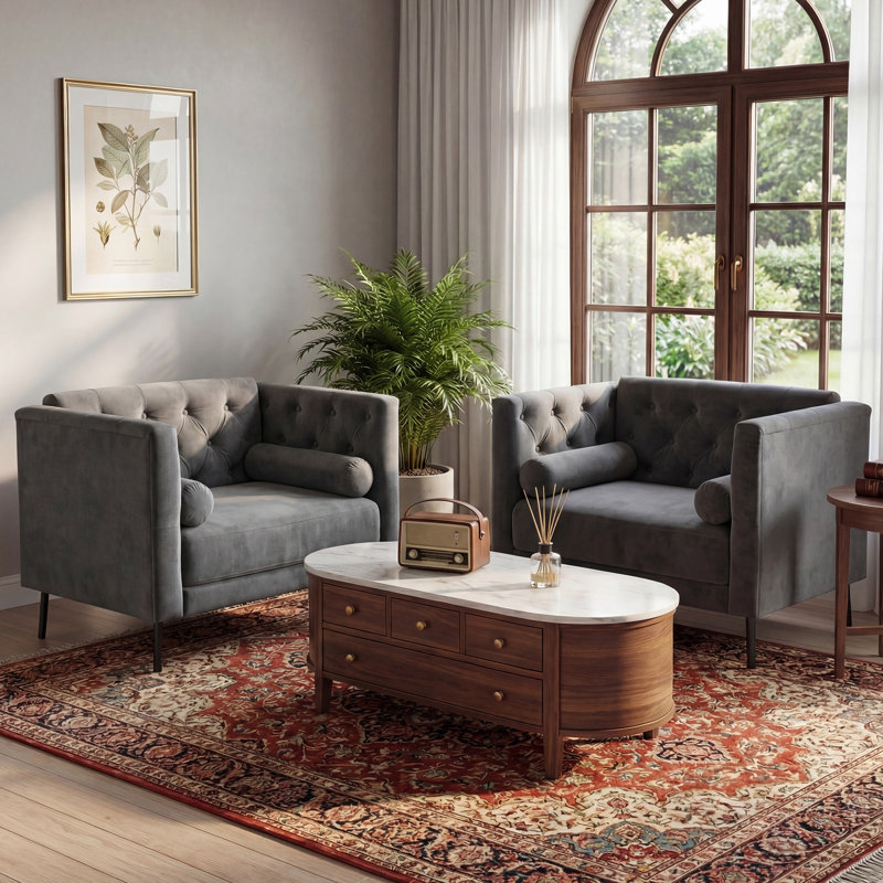 2 Piece Chesterfield Oversized Accent Chair, 38.6" Mid Century Single Sofa Armchair With Button Tufted Backrest, 2 Bolster Pillows For Living Room, Bedroom, Club, Velvet