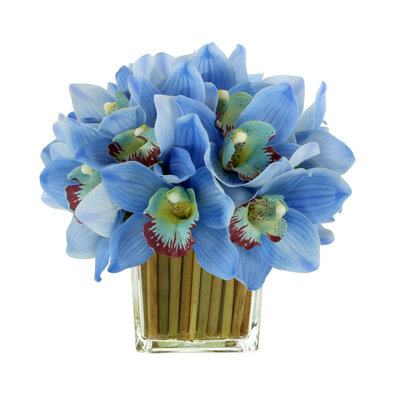 Orchids Arranged in Bamboo-Filled Glass Vase, Blue