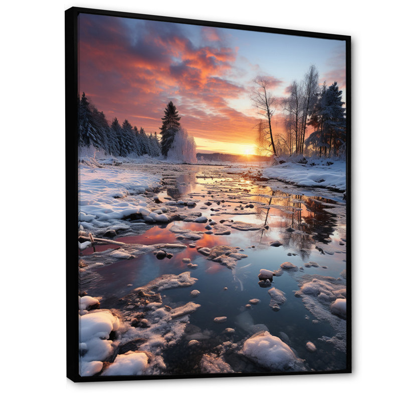 «Winter Sunset Snowfall II», reproduction sur toile, H 40 po x l 30 po x P 1,5 po, Cadre flottant noir