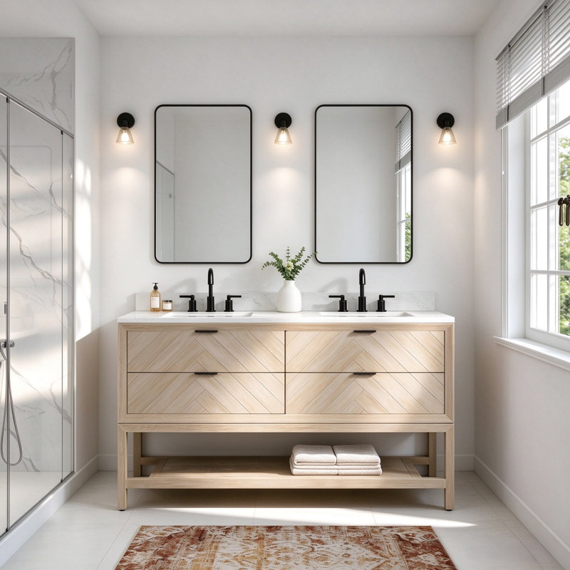 60" Freestanding Double Sink Solid Wood Natural Oak Bathroom Vanity with Engineered Marble Top, White Washed Oak