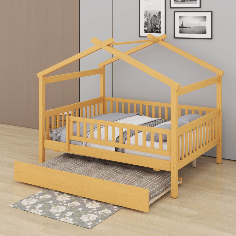 Lit de maison en bois avec lit gigogne simple, cadre de lit plateforme en forme de maison avec barrières de sécurité, Naturel