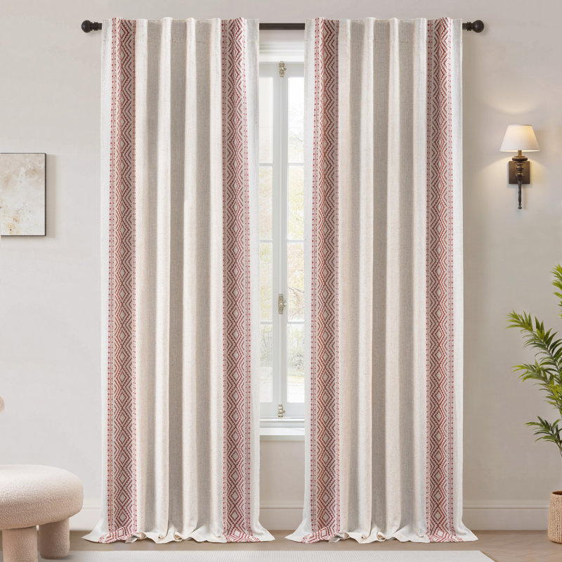 Boho Linen Blackout Curtains Double Layer Thermal Insulated Farmhouse Vintage Geo Retro Square Printed Pattern Lined Drapes for Living Room Bedroom Back Tab 2 Panels