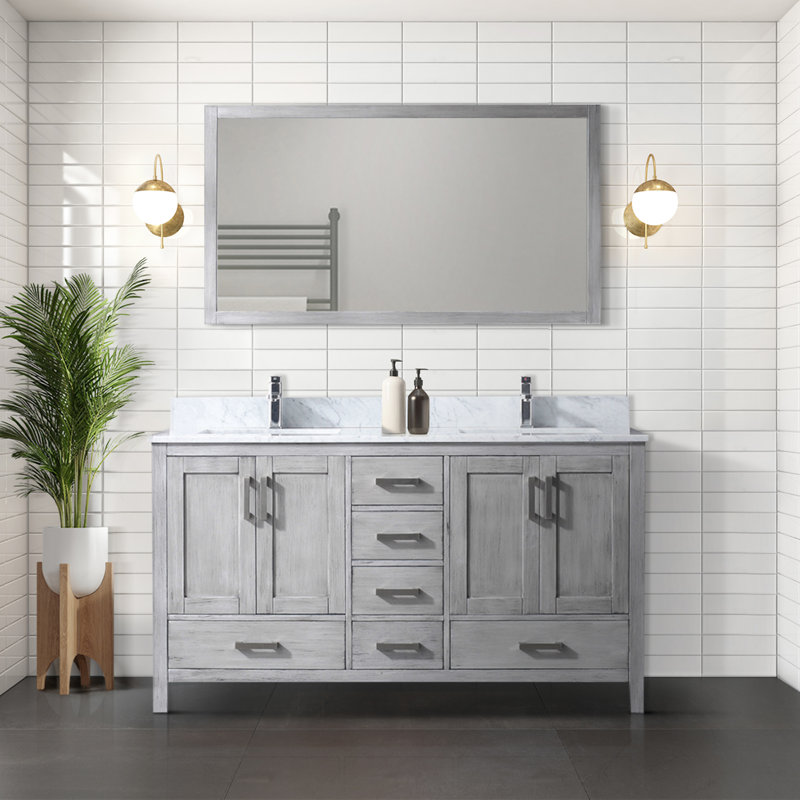 Jacques 60" Distressed Gray Solid Birch Double Bathroom Vanity with Mirror