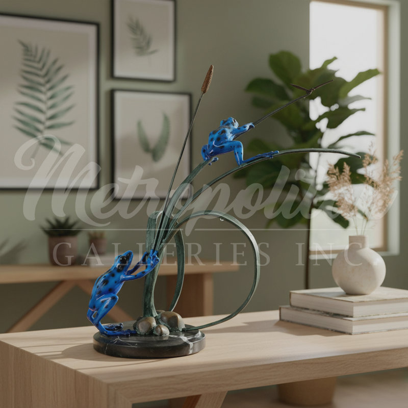 Sculpture de table bronze grenouilles et libellules sur gazon, Orange