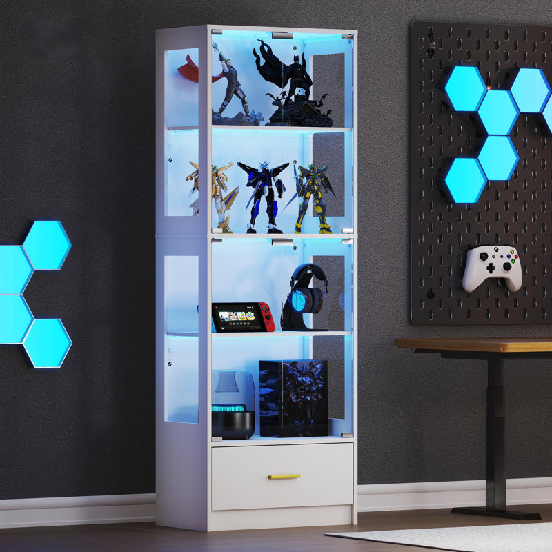 5-Tier Glass Display Cabinet with LED Lights & Adjustable Shelves & 1 Drawer, White
