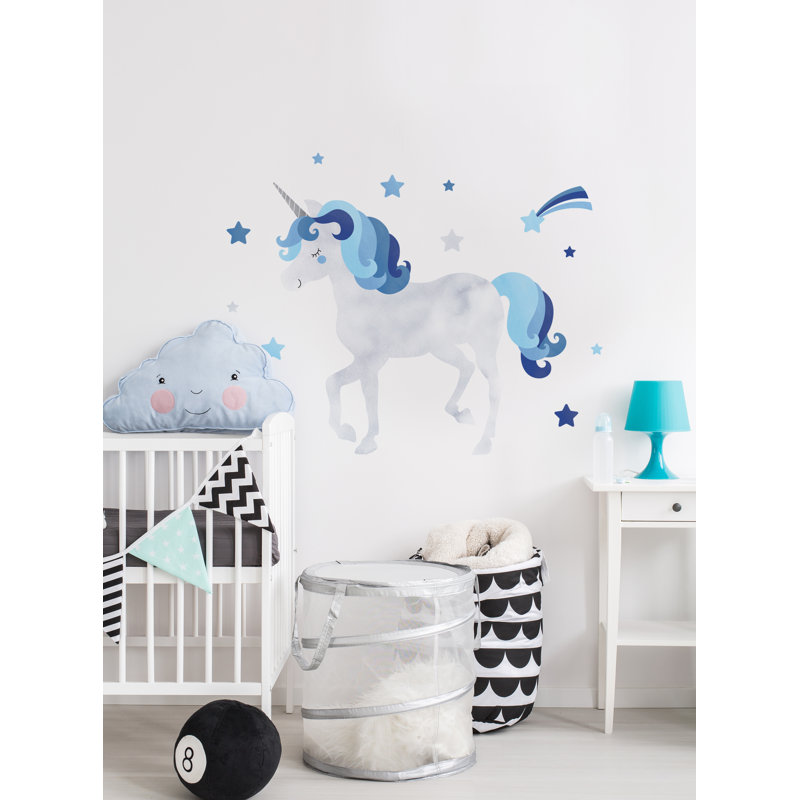 Autocollant mural aquarelle scintillant licorne avec étoiles, H 39,5 po x l 37 po, Bleu