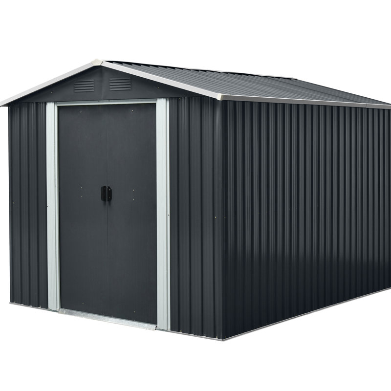 Remise de rangement extérieure en métal de 8 pi x 10 pi avec surface noire - structure en acier galvanisé robuste, évents perforés pour le remplacement de l'air, cadenas à portes coulissantes, remise manuelle à installation simple, structure, respirante