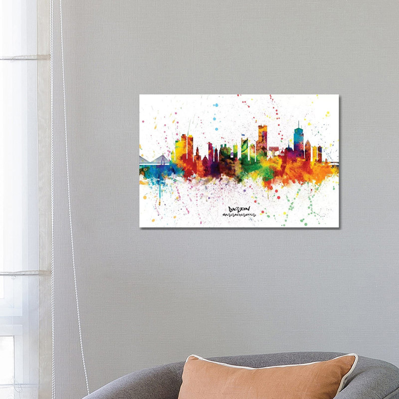 Boston Massachusetts Skyline Splash by Michael Tompsett - 1 Piece Wrapped Canvas Wall Art, 45.72cm H x 66.04cm W