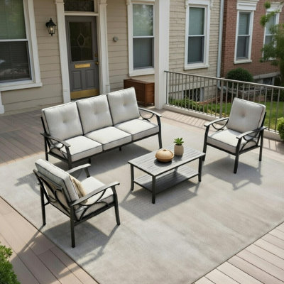 Ensemble de meubles de patio en métal 4 pièces, canapé de conversation toutes saisons à 5 places avec structure de coussins gris épais de 4 pouces, table basse pour jardin dans la cour arrière