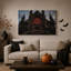 Cathédrale gothique avec fenêtre rose rouge et toile murale d'Halloween volante-1963933928