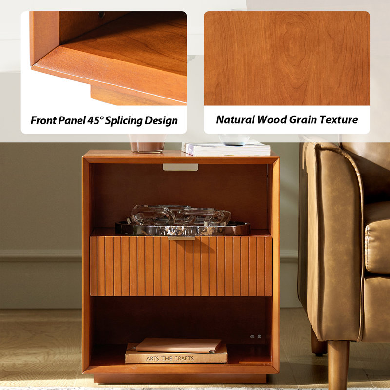 Guille Mid-century Modern 1-Drawer Fluted End Table with Built-in Power Outlet & USB Ports and Solid Wood Legs, Acorn