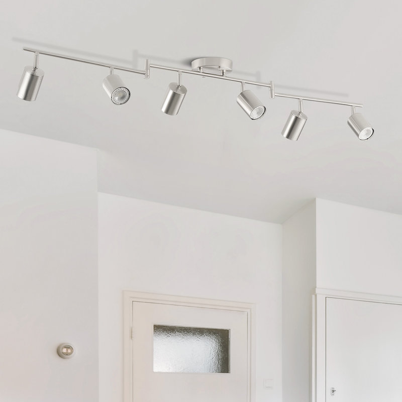 Luminaire sur rail 6 lumières avec têtes réglables et 6 ampoules incluses, Argent argent, Nickel satiné