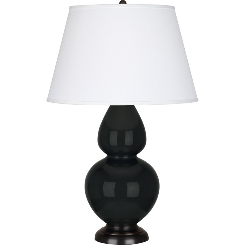 Lampe de table double gourde en céramique, Obsidienne vernie / bronze, Perle, Bronze