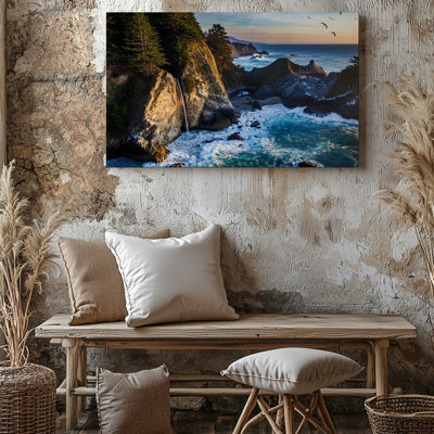 Canvas A Breathtaking Coastal Scene At Dawn Featuring Towering Cliffs Adorned Wall Art With Lush Evergreen Trees Cascading Waterfalls Canvas Wall Art