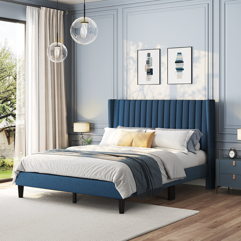 Upholstered Panel Bed, Queen, Navy Blue