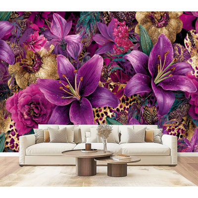 Papiers peints rétro autocollants rétro mauve, scène de jungle mauve, embrassant des lys, rosée, papier peint amovible en PVC, H 100 po x l 144 po, pour mur, salon, bureau à domicile